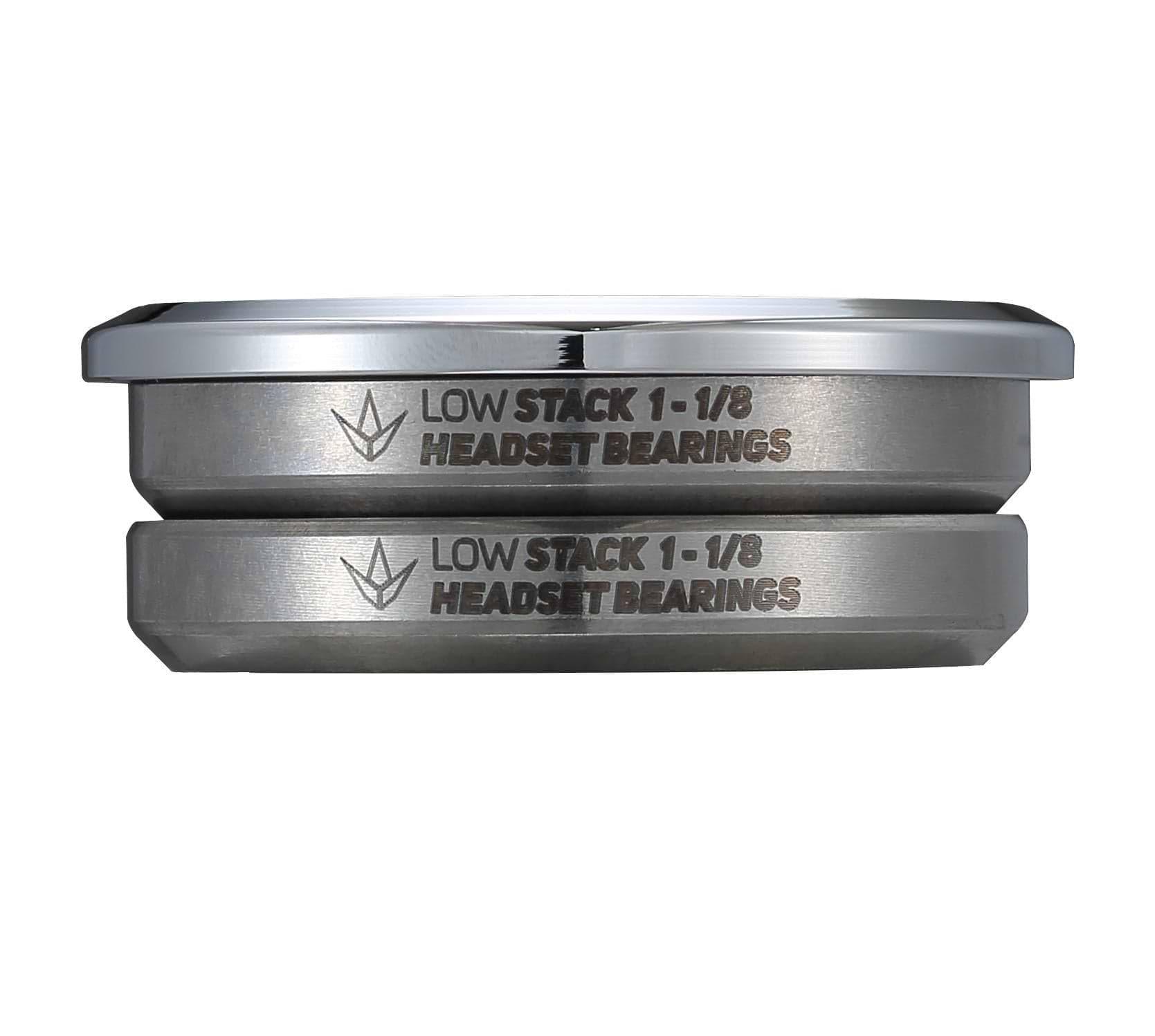 Two chrome Blunt Envy cylindrical headset bearings with engraved text "LOW STACK 1-1/8" are stacked horizontally against a white background. Featuring sealed bearings and designed for an SCS stunt scooter, the top bearing catches the light with its shiny finish around the edge.