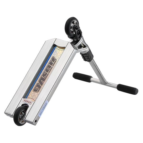 The Blunt Envy AOS V6 Finger Scooter - Chrome is shown upside down, resting on its handlebars and rear wheel. It features a vibrant AOS V6 deck graphic, black handlebar grips, and both front and rear wheels are visible.