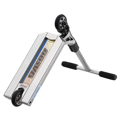 The Blunt Envy AOS V6 Finger Scooter - Chrome is shown upside down, resting on its handlebars and rear wheel. It features a vibrant AOS V6 deck graphic, black handlebar grips, and both front and rear wheels are visible.