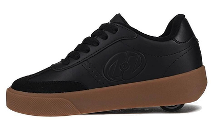 The Heelys Goleeh Boys Shoes in Black/White/Gum feature a low-top court style with black laces, a brown gum sole, and a hidden wheel in the heel, making them a classic choice from Heelys.