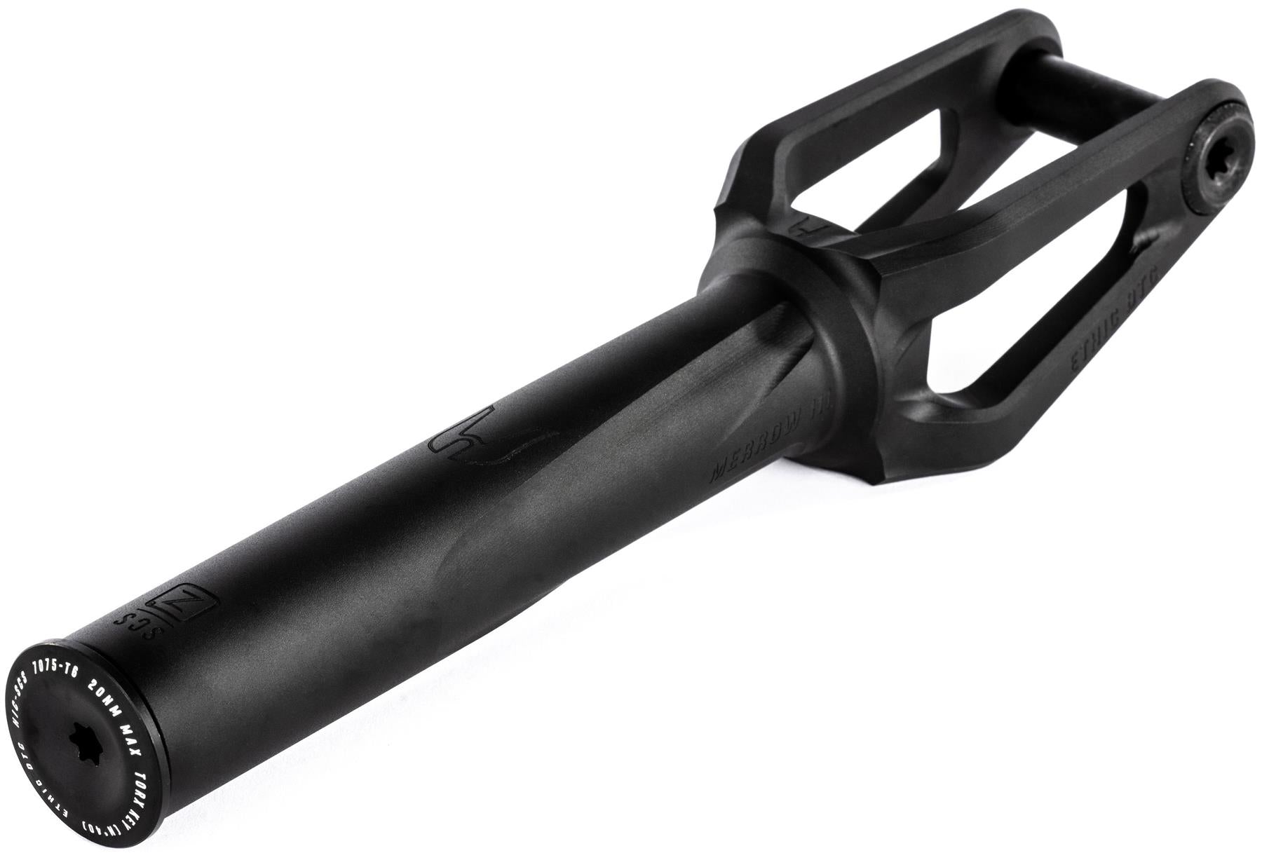 The Ethic DTC Merrow V3 8/12STD SCS Stunt Scooter Fork in black, featuring a cylindrical base, open sides, and reinforced prongs, by Ethic, is displayed on a white background.