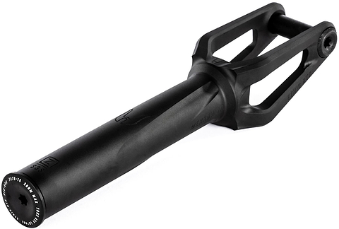 The Ethic DTC Merrow V3 8/12STD SCS Stunt Scooter Fork in black, featuring a cylindrical base, open sides, and reinforced prongs, by Ethic, is displayed on a white background.
