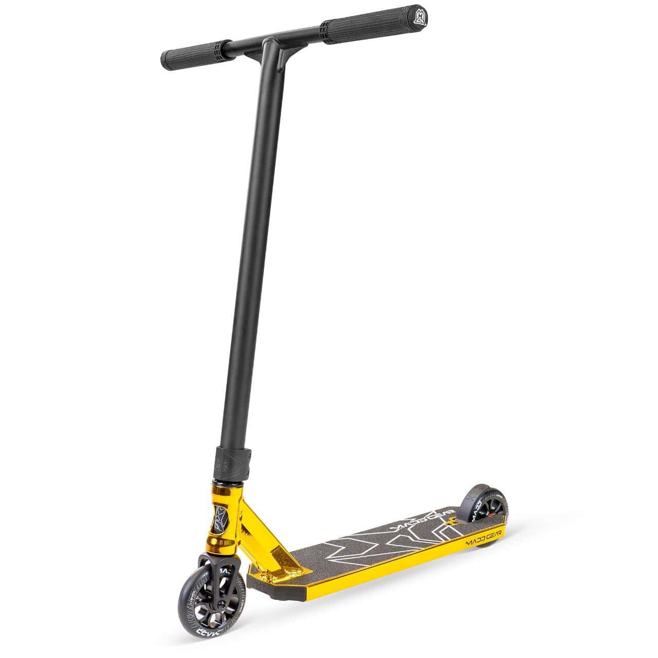 The Madd Gear MG 6 Kinetic Complete Stunt Scooter in Gold/Black features a lightweight aluminium deck, black handlebar, high-speed chrome wheel bearings, and a textured foot deck, displayed against a plain white background.