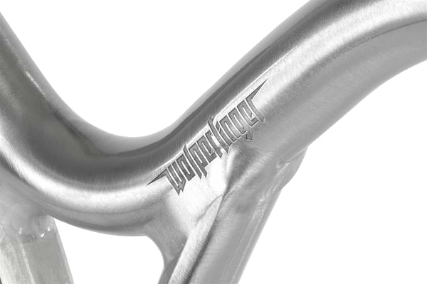 Close-up of Ethic DTC Wolpertinger Aluminium IHC Stunt Scooter Bars in raw silver (720mm x 580mm), featuring a sleek metallic finish and advanced design for enhanced strength and performance.