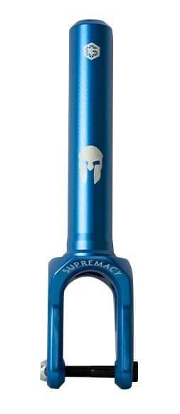 The Supremacy Spartan SCS/HIC Stunt Scooter Fork in blue is constructed from high-grade aluminum and showcases a Spartan helmet logo with "SUPREMACY" engraved on it. Expertly designed to attach the front wheel of a scooter, this Trojan fork guarantees lightweight performance.