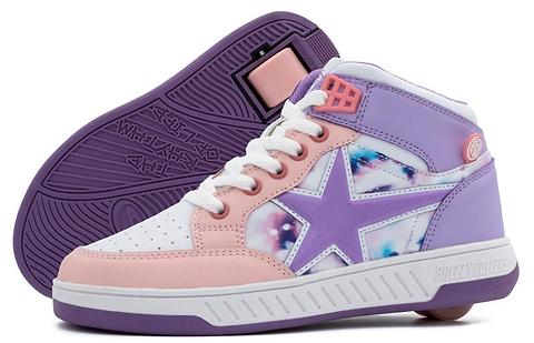 The Breezy Rollers Skater Girls Shoes by Breezy Rollers feature a pastel design in white, purple, and pink with star accents, white laces, a purple sole, and retractable wheels.