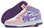 The Breezy Rollers Skater Girls Shoes by Breezy Rollers feature a pastel design in white, purple, and pink with star accents, white laces, a purple sole, and retractable wheels.