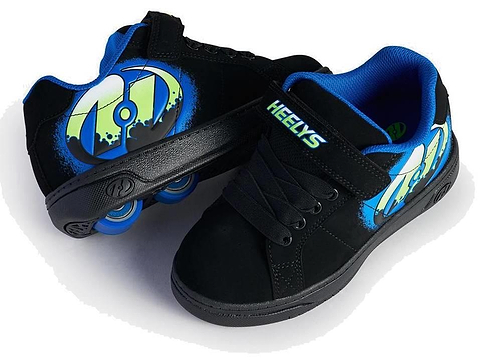 Heelys Kolect X2 Boys Shoes by Heelys feature a black, royal, and green graffiti-style design, two blue wheels embedded in the soles, and blue lining.