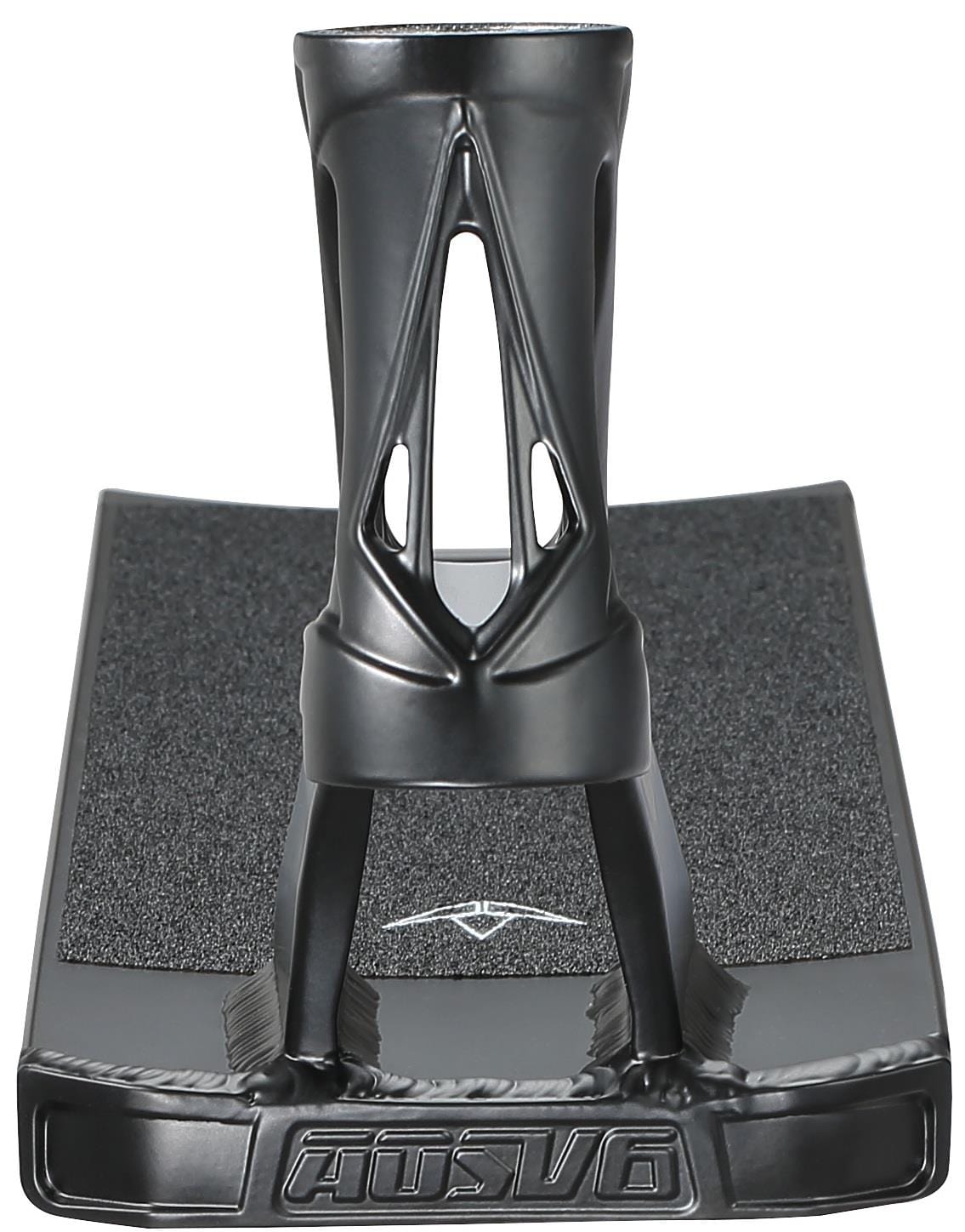 A black Blunt Envy AOS V6 Squad stunt scooter deck (5.5" x 22") with an open heel design, textured finish, and cutout details on the support structure—viewed from the back, similar in style to a snowboard binding.