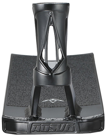 A black Blunt Envy AOS V6 Squad stunt scooter deck (5.5" x 22") with an open heel design, textured finish, and cutout details on the support structure—viewed from the back, similar in style to a snowboard binding.