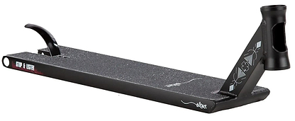 The Lucky Chris Farris Signature V1 Black Stunt Scooter Deck (6" x 22") features a textured grip surface, angled front fork, white graphics on the side and headtube, and a raised back end with a metal brake.