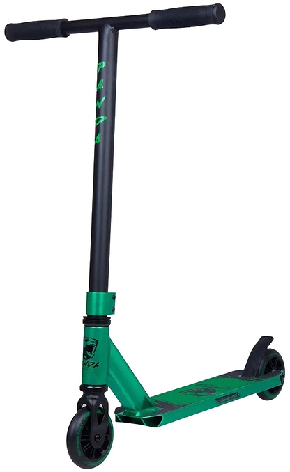 The Panda Cub Complete Stunt Scooter - Green by Panda features a T-bar handle, solid wheels, and a sturdy deck—ideal for junior riders eager to master new tricks and stunts.