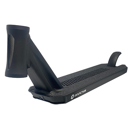 The Root Industries Invictus V2 Black Stunt Scooter Deck (4.8" x 20") is a lightweight deck with a textured foot platform, angled head tube, Invictus branding on the side, and a curved rear brake.