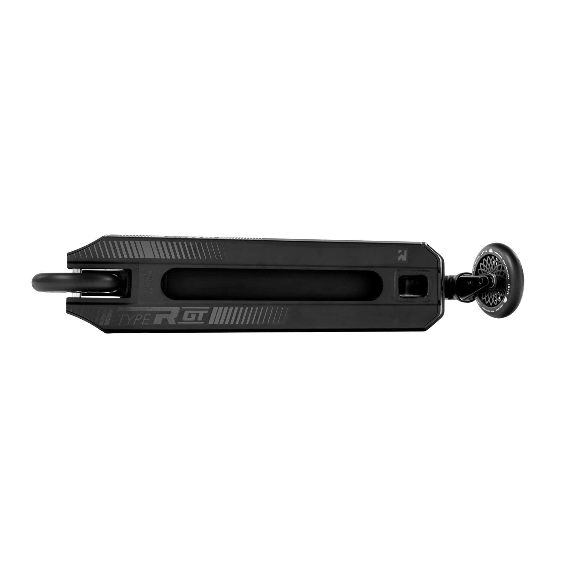 Top view of the sleek deck on the Root Industries Type R GT Complete Stunt Scooter in black. Renowned as the lightest pro scooter, it boasts subtle grooves and textured details, with a rear wheel featuring a patterned hub.