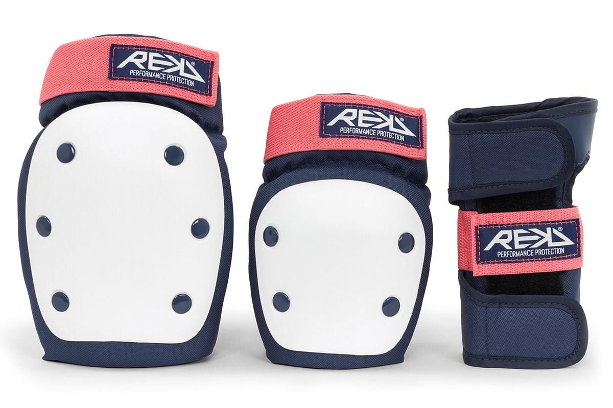 The REKD Heavy Duty Triple Skate Protection Pad Set in blue and pink.