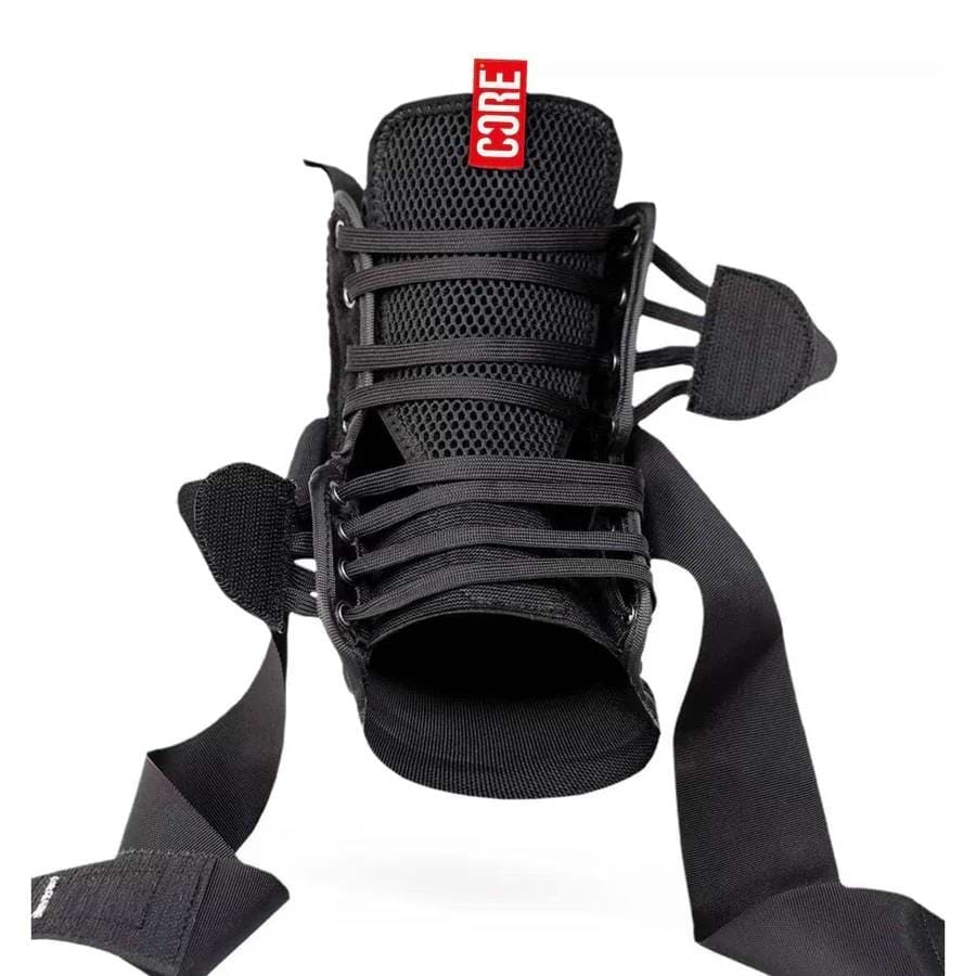 The CORE Ankle Protection Brace - Black, by CORE, is depicted from the front and features adjustable laces and straps. It includes a red "CORE" tag at the top. The open design emphasizes excellent ankle support and flexibility for optimal protection.