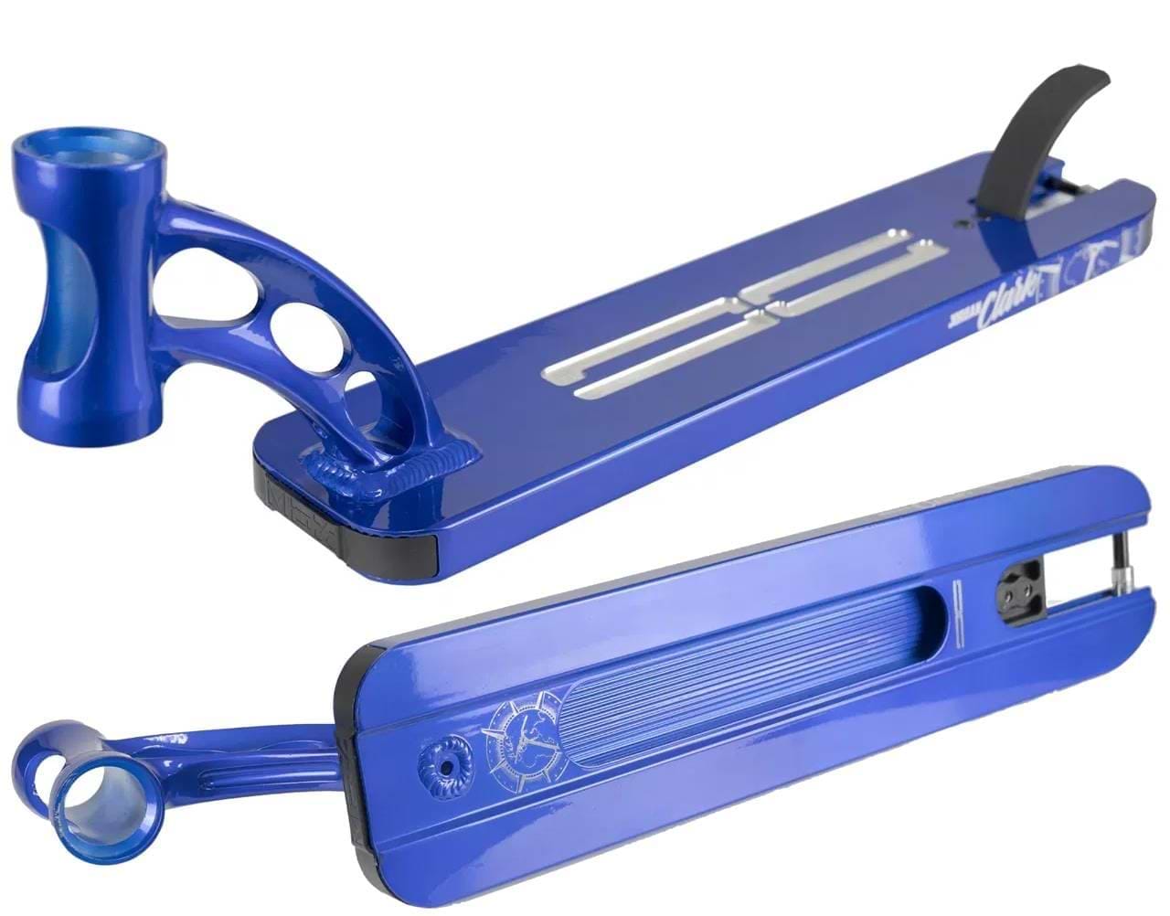 Two views of the Madd Gear MGP VX9 Blue Jordan Clark Signature Stunt Scooter Deck (4.5" x 19.5") show the metallic blue finish, cut-out designs, head tube, black rear brake, mounting slots on top, textured underside, and MGP logo.