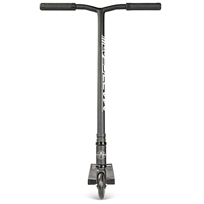 The Madd Gear MG 3 Zen Complete Stunt Scooter - Black/Black features a sturdy one-piece steel T-bar, textured grips, and solid deck with the MGP logo on the neck, shown front-on against a white background. Lightweight for easy handling.