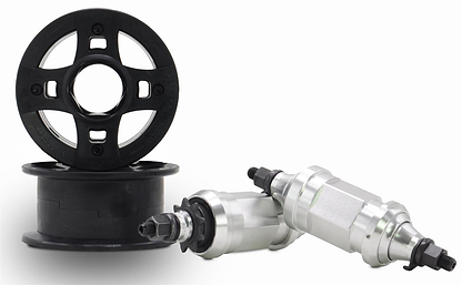 Two black plastic wheels with CNC aluminum rims and silver hubs with black axle bolts, made by Wildcat for the Wildcat OG 3A Mini BMX Bike - Royal Blue, are displayed on a white background—ideal replacement parts.