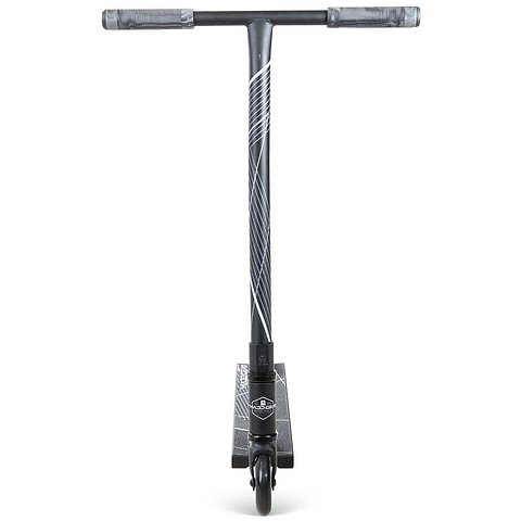 Front view of the Madd Gear MG 1 Raven Complete Stunt Scooter by MGP in Black/Black, featuring a T-shaped handlebar with grey grips and white geometric designs on the stem and deck. A lightweight performance scooter with a visible front wheel.