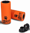 Two orange cylindrical Wildcat Pro Mini BMX Pegs by Wildcat, one upright and one lying down, alongside two small black circular attachments that resemble BMX pegs.