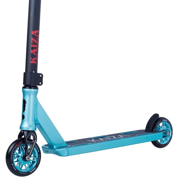 A close-up of the Longway Kaiza Complete Pro Stunt Scooter in teal, featuring black and red accents, turquoise metal wheels, a black grip deck, and "KAIZA" in red on the front pole—perfect as a superlight skatepark scooter.