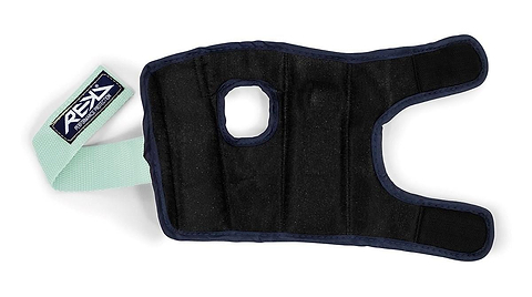 A black protective glove with a mint adjustable strap and thumb opening, padded for comfort and durability. Designed for training or sports use, it pairs well with wrist guards. The logo "REKD" is visible on the strap.