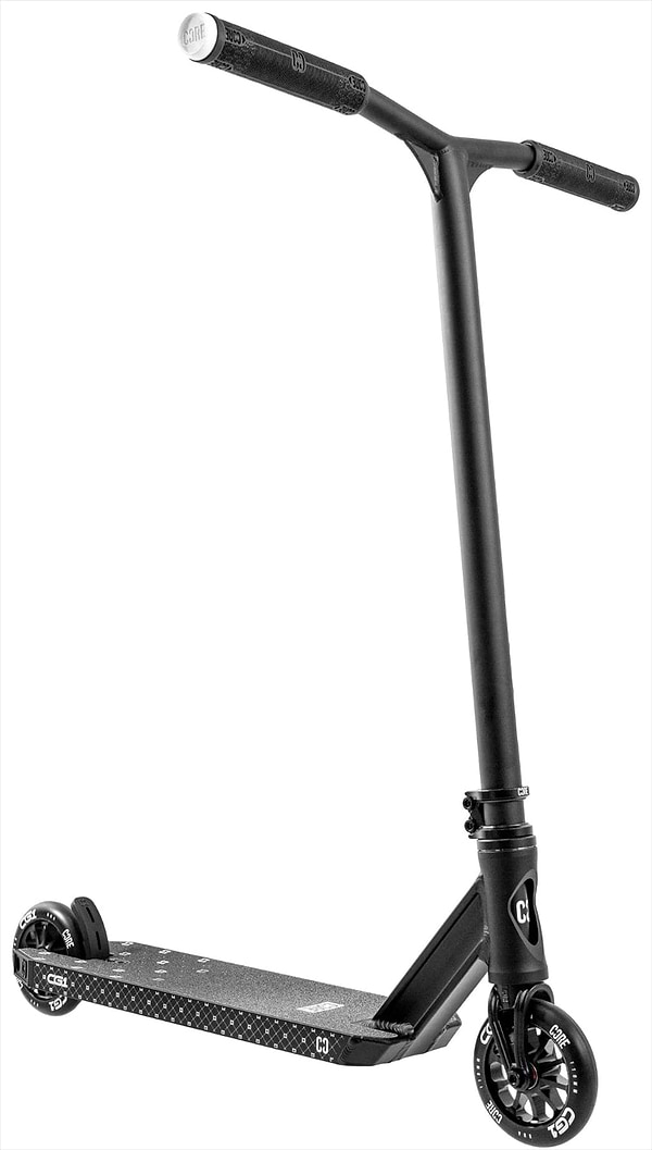 The CORE CG1 Complete Stunt Scooter by CORE features a black finish, wide handlebars, a metal deck, and two small wheels—ideal for beginners looking to start performing tricks and enjoy smooth rides at the skatepark.