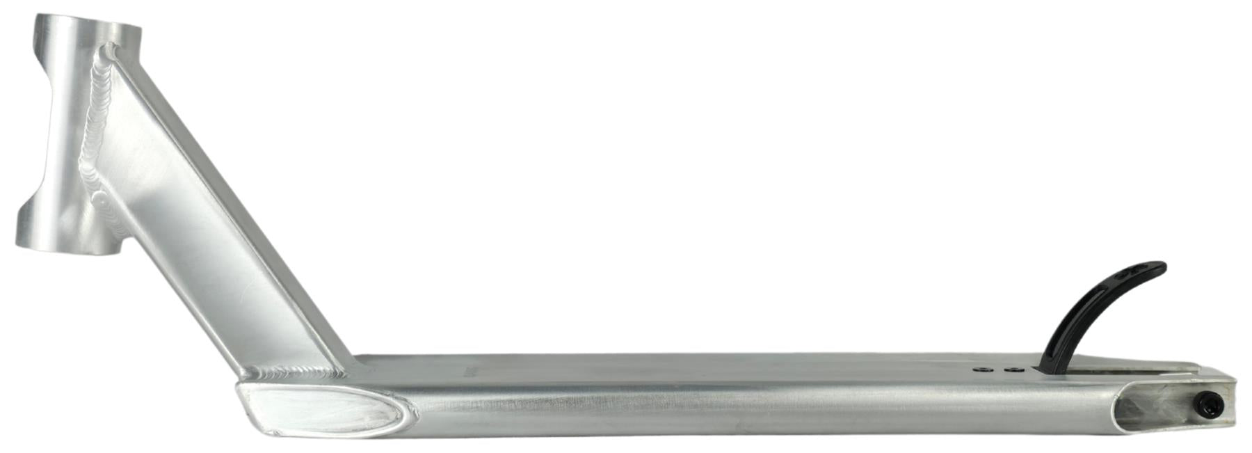 The Union Classic Pro Silver Stunt Scooter Deck - 4.75" by Union is a lightweight silver deck with an angled head tube and black rear brake, shown against a white background.
