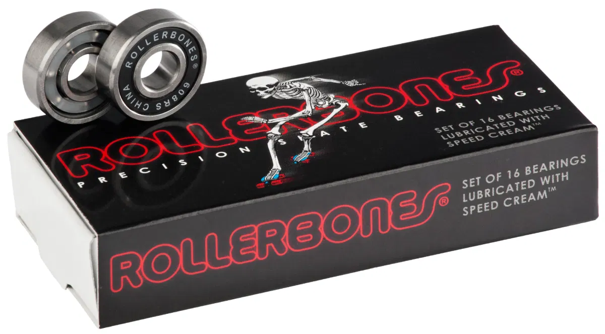 Bones Rollerbones Roller Skate Bearings - 16 Pack by Bones, ideal for quad roller skates. The box features a skeleton on skates design and contains 16 lubricated metal bearings.