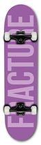 The Fracture Fade Series Purple Complete Skateboard (7.75" x 31") features a 7-ply Canadian Maple deck, white Fracture 100A wheels, black trucks, and bold light purple "FRACTURE" lettering vertically on the deck.