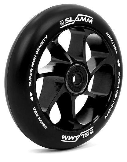 A black scooter wheel with an aluminum core features white text that says "Slamm Team 110mm Stunt Scooter Wheel - Black" by Slamm, and highlights "Super High Density 110MM 88A." It is crafted with high-rebound PU material, showcasing a sleek glossy finish and a modern aerodynamic design.