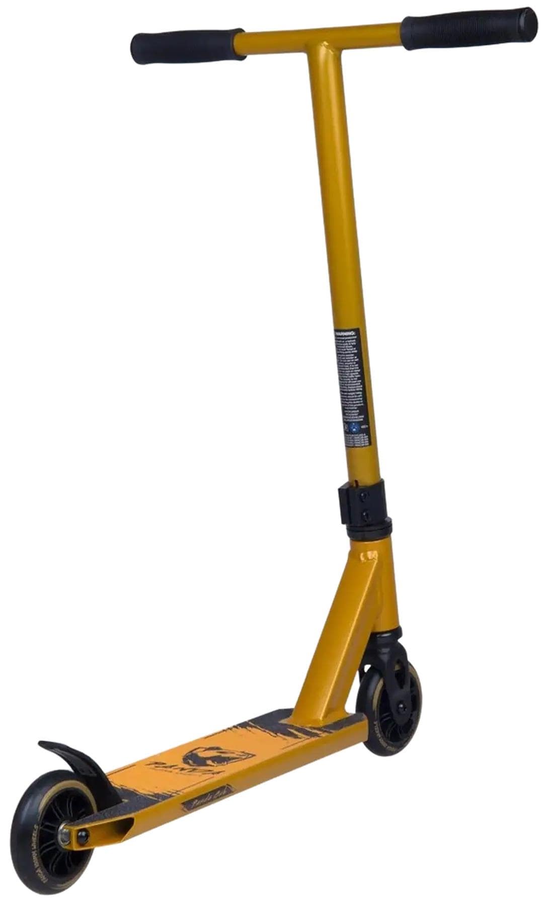 The Panda Cub Complete Stunt Scooter by Panda features a gold painted finish, black handlebars, black wheels, and a narrow deck designed for junior riders. It is shown at an angle on a white background.