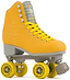 The Rio Roller Signature Quad Roller Skates - Yellow are vegan-friendly with a gray base and wheels, yellow laces, and an embroidered design. They feature an ankle-high boot with a plaid pattern inside the tongue and the iconic Rio Roller logo on the side.