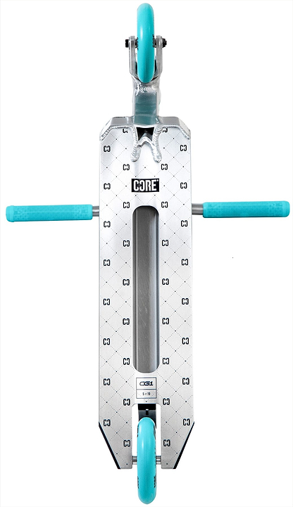 Top-down view of the CORE CG1 Complete Stunt Scooter by CORE in Raw/Teal, featuring a silver deck with blue handlebars and wheels. The deck displays the “CORE” logo and a repeating “C3” pattern.