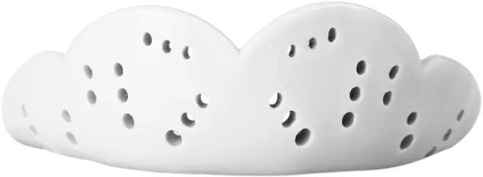 A white, cloud-shaped object with many small round holes, similar to the SISU Sisu Next Gen Max Protection Mouthguard - Snow White designed for high-impact sports.
