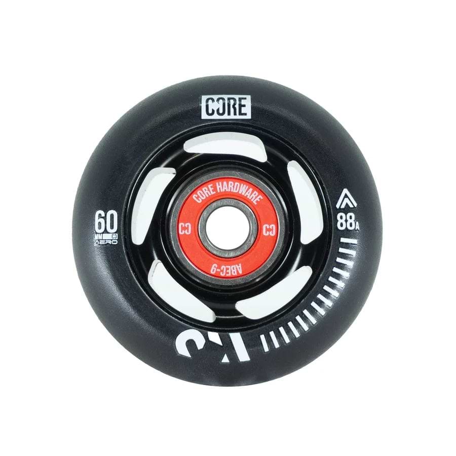 A close-up of a CORE Aero 88A Inline Skates Wheel in black, featuring white and red accents, perfect for an enhanced skating experience. The wheel showcases the "CORE" branding along with technical specifications of "60 mm" and "88A". Additionally, the central hub is red with more branding details.