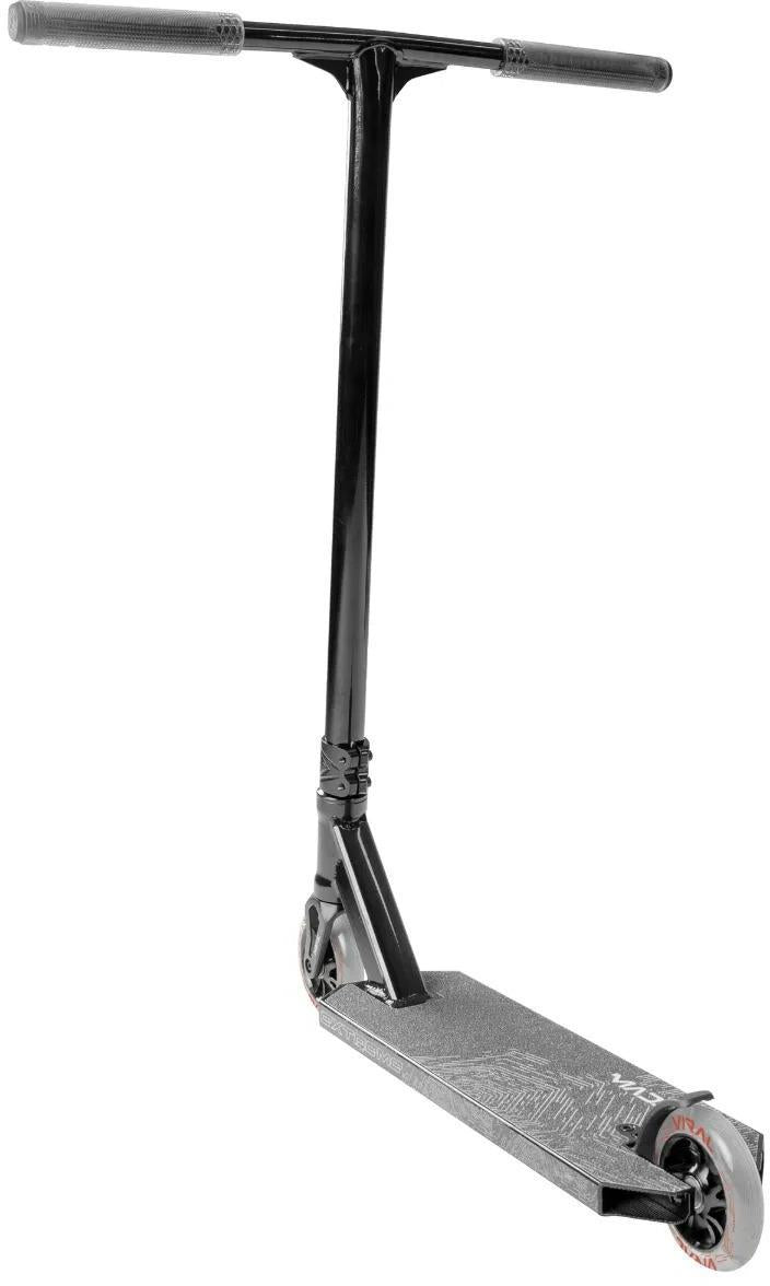 The Madd Gear Viral Extreme Complete Stunt Scooter - Black Shadow features a textured deck, T-shaped handlebar, and two small wheels—ideal for tricks—shown here against a white background.