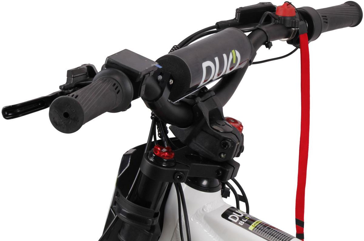 Close-up of the Duo 20" Blitz Kids Electric Balance Bike handlebar with black grips, DUO-branded pad, control levers, electronic display, and red lanyard on the white/black bar stem.