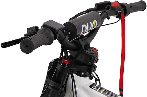 Close-up of the Duo 20" Blitz Kids Electric Balance Bike handlebar with black grips, DUO-branded pad, control levers, electronic display, and red lanyard on the white/black bar stem.