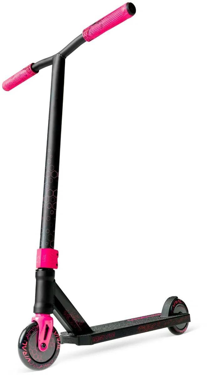 The Madd Gear Viral Rave Complete Stunt Scooter - Melon features black with bright pink handlebars, wheel hubs, and clamp, plus subtle hexagonal patterns on the stem and deck—perfect for kids eager to perform stunts or tricks.