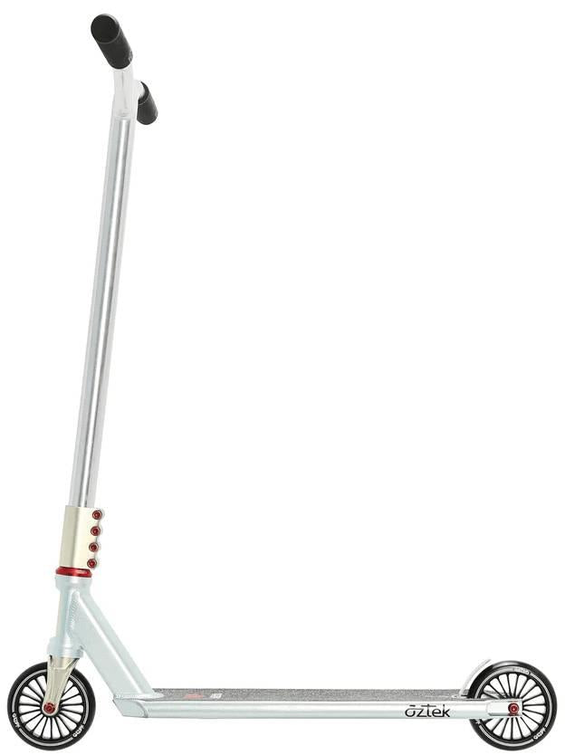 The Aztek Corsa Complete Stunt Scooter - Blue by Aztek is a lightweight park scooter featuring a black grip handle, black footboard, and small black wheels with red accents, shown here on a white background.