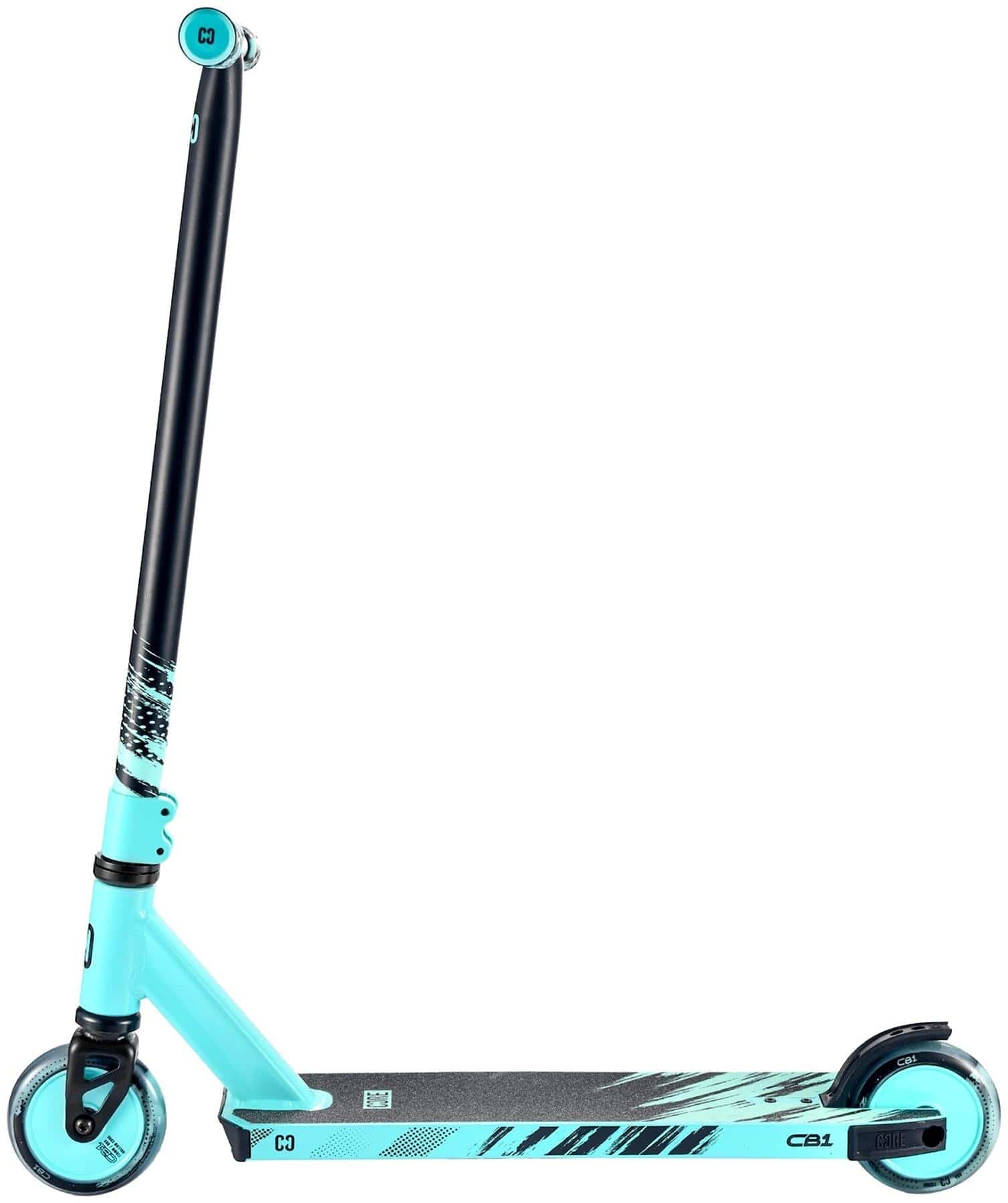 The CORE CB1 Beginner Complete Stunt Scooter by CORE features a teal and black design with two wheels, a long stem, and a textured foot deck with black graphics. Shown from the side on a white background.