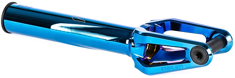 The Ethic DTC Merrow V3 8/12STD SCS Stunt Scooter Forks in Chrome Blue feature a cylindrical stem, open prongs, a black axle bolt, and a smooth polished finish.