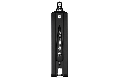 The Ethic DTC Pandemonium V2 Boxed Black Stunt Scooter Deck (5.5" x 19.7") features a rectangular design with a "Pantherarium" cutout, lightweight 6061-T6 aluminium build, and visible mounting holes at both ends.