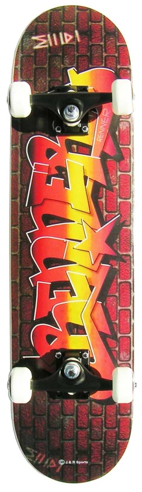 The Renner A17 Graffiti Wall Complete Skateboard (7.75" x 31") is perfect for beginners, featuring a durable 9-ply maple deck, bold graffiti-style graphics, white wheels, and a striking red brick wall design.