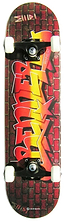 The Renner A17 Graffiti Wall Complete Skateboard (7.75" x 31") is perfect for beginners, featuring a durable 9-ply maple deck, bold graffiti-style graphics, white wheels, and a striking red brick wall design.