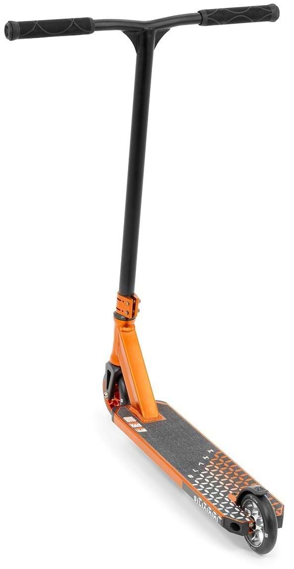 The Slamm Assault Complete Stunt Scooter - Orange by Slamm features a T-shaped handlebar, black grips, and a sturdy deck with a checkered design. Its sleek look includes deep orange highlights and 110mm aluminum wheels for skill enhancement.