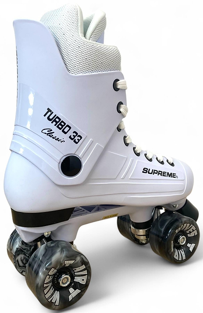 The Supreme Turbo 33 Nylon Quad Roller Skates in white feature black swirl wheels, white laces, and black Supreme branding on the side, shown against a plain background.