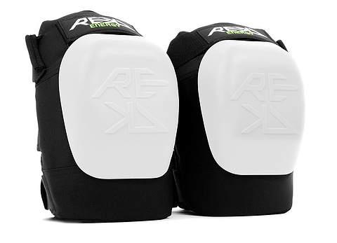 A pair of REKD Energy Patrol Ramp Knee Skate Protection Pads - White, showcasing the "REKD" logo on the front. These pads feature a robust white shell with black padding designed to absorb impact energy, providing optimal knee protection for extreme sports or physical activities.